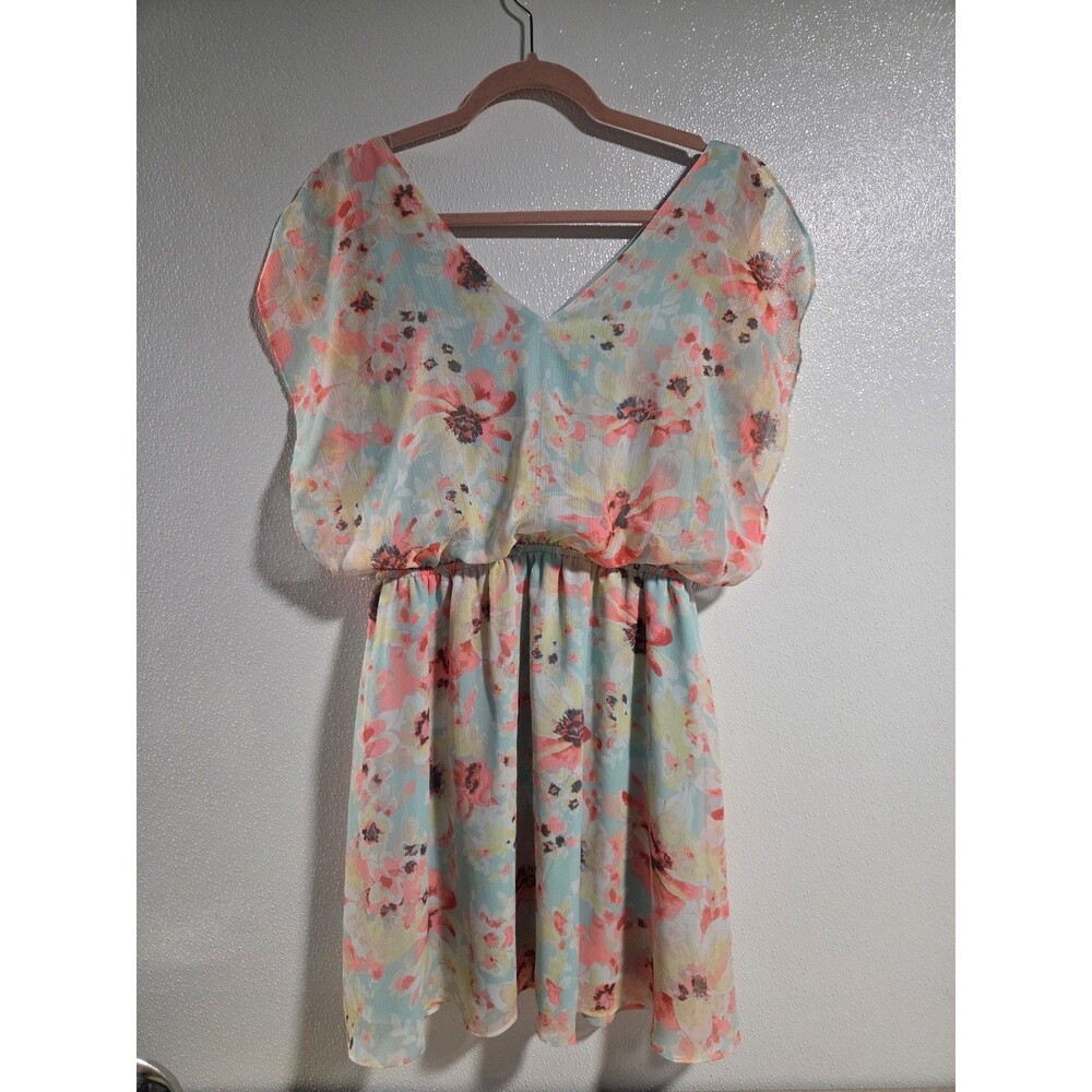 Candies floral mint & neon orange two layer mini dress crinkle chiffon XL